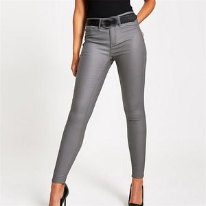 Jeans grigi a vita alta da donna alla moda Pantaloni a matita femminili elasticizzati in ecopelle slim skinny da donna 210922