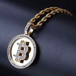 Bling Golden Round Bitcoin Coin Pendants Necklaces for Men AAA+CZ Stone Bling Ice Out Hip Hop Rapper Jewelry X0509