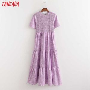 タンガダ夏の女性紫色の花プリントフレンチスタイルロングドレスパフ半袖レディースSundress 1D245 210609