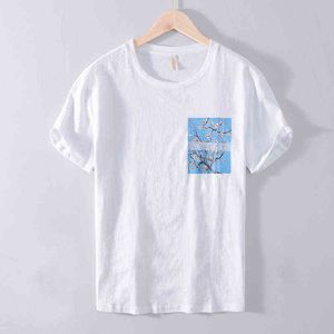 T26030 Summer T-Shirt Men Japan Style Fresh Casual Youth Linen Cotton Breathable Tree Printing Short Sleeve O-Neck Tees Tops H1218