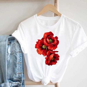 Kadınlar Baskı Çiçek Çiçek 90 S Karikatür Bayanlar Streetwear Stil Moda Giysileri Baskı Tee Üst Tişört Kadın Grafik T-shirt X0628