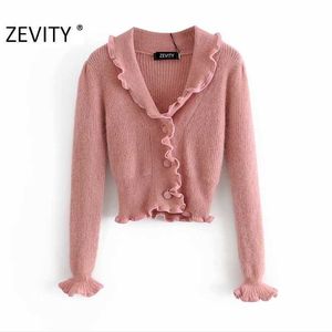 Zevity Frauen Süße Patchwork Rüschen Rosa Kurze Strickpullover Damen Langarm Breasted Chic Casual Slim Cardigans Tops S471 210603