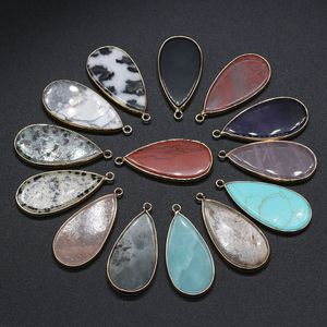 Waterdrop Healing Turquoise Picture Stone Charms Rose Quartz Crystal Gold Edged Pendant DIY Necklace Women Fashion Jewelry Finding 20x45mm