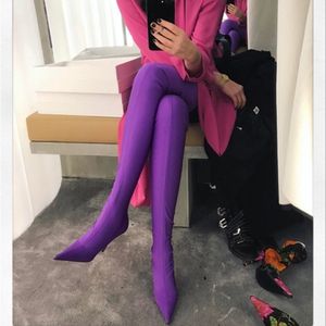 Diz Çizmeler Üzerinde Çıplak toptan satış-Yeni Çorap Çizmeler Streç Uyluk Yüksek Çizmeler Seksi Elastik İnce Diz Çizmeleri Üzerinde Kadın Moda Yüksek Topuklu Siyah Kırmızı Fetiş Uzun Ayakkabı