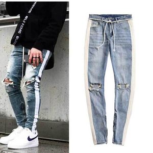 Mäns Jeans Man 'Sida Stripe Zipper Designer Ins Stretch Broken Hole Black Hip Hop Sportkläder Elastiska Midja Joggers Byxor Fashion Cloting