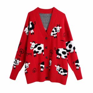 Women Knit Cardigan Cow pattern Long Sleeves Chic Fashion Casual Woman Oversized Knitted Sweater Tops 210709