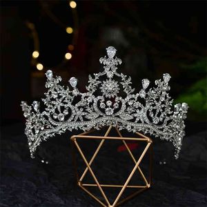 Barock Luxury Crystal Flowers Bridal Tiaras CZ Crowns Pagant Diadem Veil Tiara Headband Wedding Hair Tillbehör 210707