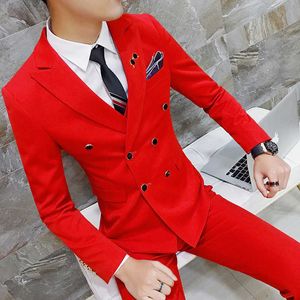 Blazer + Pantolon / 2020 Kraliyet erkek takım elbise Damat Smokin Slim Fit 2-paketi Moda Kruvaze Saf Renk Klasik erkek Takım Elbise Hommes X0909