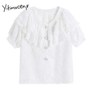 Yitimuceng Floral Blouse Kvinnor Knapp upp Ruffles Lace Shirts Puff Sleeve Vit Kläder Sommar Mode Chiffon Toppar 210601