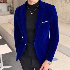 Męskie Slim Fit Gold Velvet Długim Rękawem Kurtki Kurtki Business Wedding Party Mężczyzna Blue Suit Coats Mens Blazer Kurtka X0615