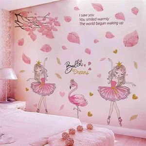 Rosa träd lämnar väggklistermärken DIY Ballet Girl Flamingo Väggdekaler för barn Sovrum Baby Rum Kök Heminredning 210705