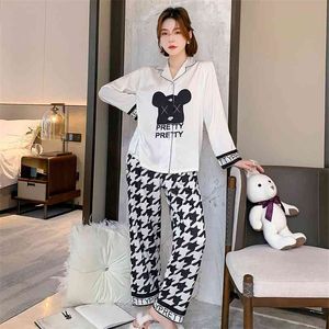 Wiosna Damska Piżama Zestaw Cool Fashion Luksusowy Styl Houndstooth Sleepwear Nightie Silk Like Leisure Home Clothing Nightwear 210901