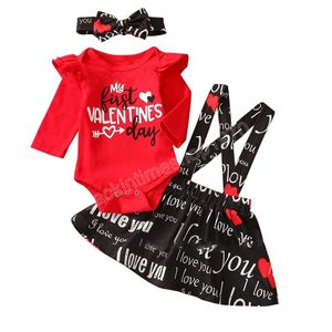 kids Clothing Sets girls Valentine's Day outfits infant Flying sleeve Romper Tops+letter strap dress+Headband 3pcs/sets Spring Autumn fashion baby clothes