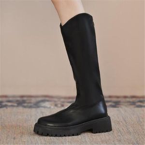 Boots Autumn Mid Heels Platform Dames knie high mode PU Leather Retro Back Zipper Shoes Motorcycle