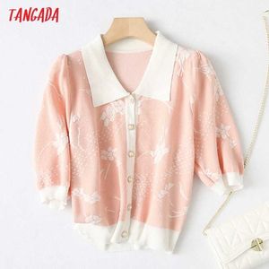 Tangada Kvinnor Rosa Floral Strikkad Cardigan Sweater Jumper Vintage Short Sleeve Button-Up Kvinna Ytterkläder YU51 210609