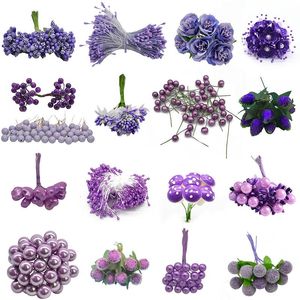 Dekorativa blommor kransar lila konstgjorda stamen körsbär bär bukett bröllop juldekoration diy krans scrapbooking hantverk acce