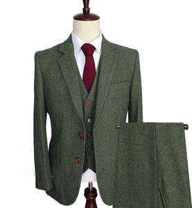 Men's Wool Tweed Suits 3 Pieces Formal Lapel Notch Herringbone Tuxedos Regular size Winter Wedding Groom (Blazer+Vest+Pants) X0909