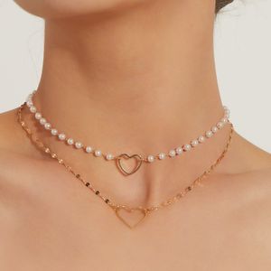 Jewelry Geometric Hollow Heart-shaped Superimposed Multi-layer Female Necklace Imitation Pearl Temperament Clavicle Neck Chain