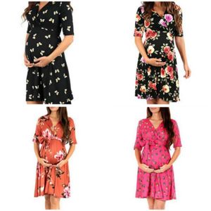 European and American Maternity Wear Summer New Style Tying Band Loose Large Size Printing Pregnant Women Fashion Dress PW14 Q0713