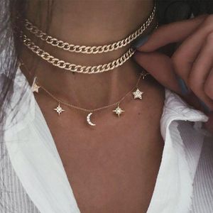 Pendanthalsband stjärna full zirkonmåne för kvinnor multi-lagers klavikelkedjor smycken tillbehör krage kpop