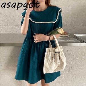 Chic Korean Preppy Style Summer Contrast Color Sailor Collor Dress Mini Student Loose Short Sleeve Doll Dress Retro Vestido 210610