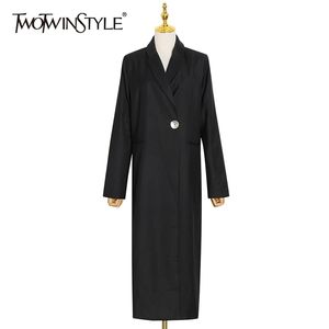 Twotwinstyle Black Long Casual Wiatrówka Dla Kobiet Not Rękaw Koreański Stały wykop Kobiet Odzież Moda 211122