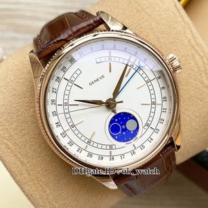 Wysokiej jakości nowy zegarek 39 mm M50535-0002 Automatyczna męska zegarek Księżyc Faza Rose Gold Case White Dial Brązowe skórzane paski