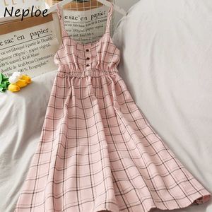 Neploe Plaid Dress vinatge韓国の日焼け止め春セクシーなビーチの女性スパゲッティストラップES女性パーティーナイト2021服Y0823