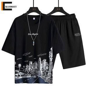 Män Casual Set 2 Piece Outfit Gym Fitness Tracksuit Män 2021 Sommar Ny Print Tshirt + Shorts Casual Hip Hop Streetwear Sport kostym x0610