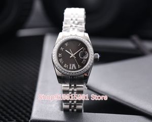 Classic Automatic Mechanical watch Fashion Women Stainless Steel Diamond Bezel Watches Rome Number clock Silver black dial 28mm