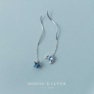 Classic Long Chain Tassel Drop Earrings För Kvinnor Äkta 925 Sterling Silver Clear Blue Crystal Stjärnor Moon Smycken Gift 210707