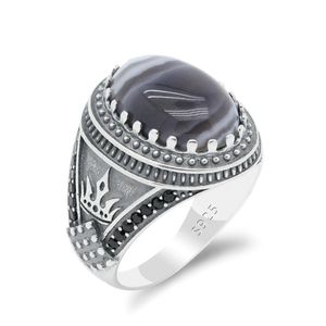 Klaster Pierścionki Naturalny Agat Kamień Prawdziwe Pure 925 Sliver Pierścień Dla Mężczyzn Wedding / Party Clawn Signet Moda Biżuteria Prezent