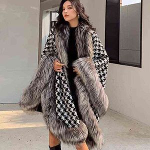 Silver Fox Fur Coat Winter Women Shawl Houndstooth Cape In Stock Faux Fur Cloaks Jacket For Evening Party X1106