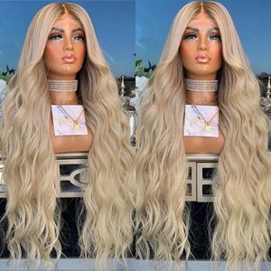 Lange gewellte platinblonde Ombre-Perücke mit voller Spitze, 180 Dichte, brasilianisches Remy-Echthaar, 13 x 4 Vorderperücken, vorgezupfter Haaransatz mit Babyhaar, 13 x 6 Frontal