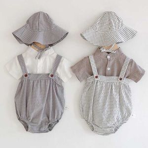 Baby Girls Clothes Set Cotton Check Pants + Sun Hat + Short Sleeve Shirt 3pcs Outfits Summer Newborn Infant Baby Boy Clothing G1023