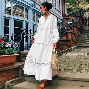 Spring Lace Patchwork Plus Size Long Beach O-Neck Ankle-Length White Dress Women 210615