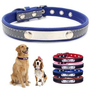 Dog Collar Leashes 5Sizes Soft Reflective Leather Collar Custom Name ID Taggar Pet Cat Bell Pendant Justerbar Halsband Supply