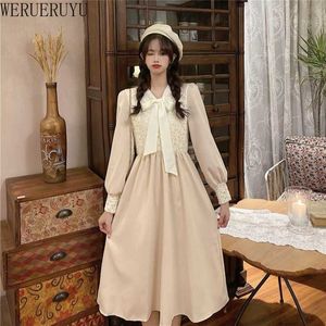 WERUERUYU Japanese Sweet Lolita Dress Bow Neck Long Sleeve Elastic Waist Kawaii Dress Female Autumn Harajuku Women 210608