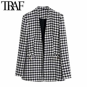 TRAF Women Fashion Tweed Houndstooth Blazer Coat Vintage Långärmad Welt Fickor Kvinnlig Ytterkläder Chic Veste 211122
