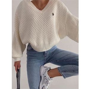 Stickad Loose Women Sweater Solid Casual V Neck Långärmad Pullover S Höst Vinter Broderi Oversize Top 210914
