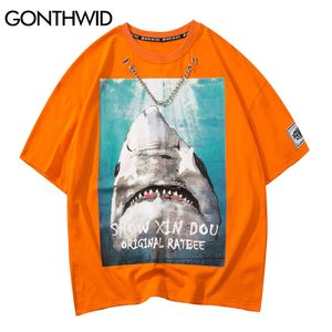 Gonthwid Chain T-shirt Chaves Hip Hop Shark Algodão Tshirts Harajuku Punk Rock Gothic Manga Curta T-shirt Fashion Tops C0315