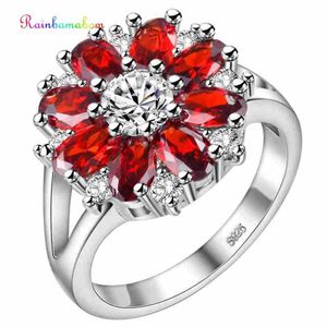 Ringos de cluster Rainbamabom Luxury Real 925 Solid Sterling Silver Silver Ruby Gemstone noivado de casamento Anel de flor de jóias finas Presentes por atacado