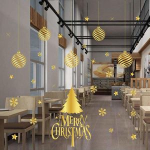 Wall Stickers Glue-free Golden Snowflake Christmas Ball Pattern Glass Sticker Static Decal Home Decor