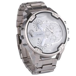 Wristwatches Cagarny Big Case Watch Mężczyźni Stal Band Męskie Zegarki Kwarcowe Zegarki Dual Times Data Wojskowe Relogio Masculino Clock Male D6820 XFC