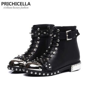 Prichicella kvalitet svart lägenheter äkta läder studded spets upp fotled stövlar, motorcykel vinter booties 210911