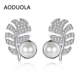 Wholesale sterling silver feather earrings for sale - Group buy Stud Sterling Silver Earring Feather Shell Pearl Crystal Earrings For Women Fashion Jewelry Gift Accessories