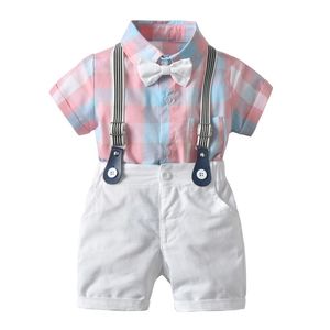 Abiti da bambino estivi Gentleman Boy Camicia a quadri a maniche corte + Tuta Pantaloncini con cravatta in cotone Abiti da sposa per ragazzi Set 210309