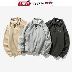 Lappster-ungdom män solid koreanska hajuku patchwork hoodies höst pullover casual sweatshirts turndown krage kläder 210813