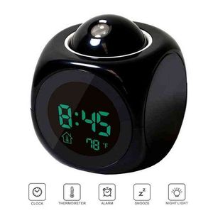 Digital Alarm Clock LED Projector Temperature Desk Time Date Display Projection Calendar USB Charger Table Clock Home Decor 211111