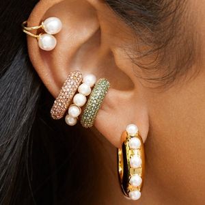 Hoop Earrings & Huggie Sweet Gold Small Opal Stone For Women Girls Pearls Round Clip On Earring Crystal Ear Cuff Huggies JewelryHoop